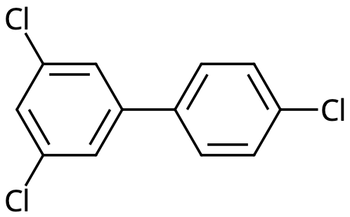 Exempel på PCB: 1,3-diklor-5-(4-klorfenyl)bensen.