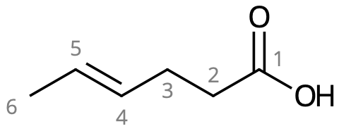 Trans-4-hexensyra (numrerad).
