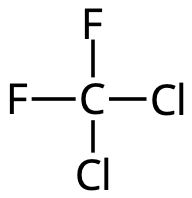 Difluorodiklorometan (en freon). Det lustiga med den här molekylen är att den heter dichlorodifluoromethane (inte difluorodichloromethane) på engelska. Det beror på att substituenterna ska anges i bokstavsordning. 