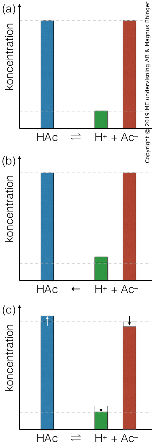 (a) Buffertsystemet är i jämvikt. (b) En liten mängd syra (H+) sätts till lösningen. Jämvikten rubbas, och går åt vänster (enligt Le Chateliers princip). (c) När systemet åter nått jämvikt är koncentrationen H+ åter ungefär lika låg som innan.